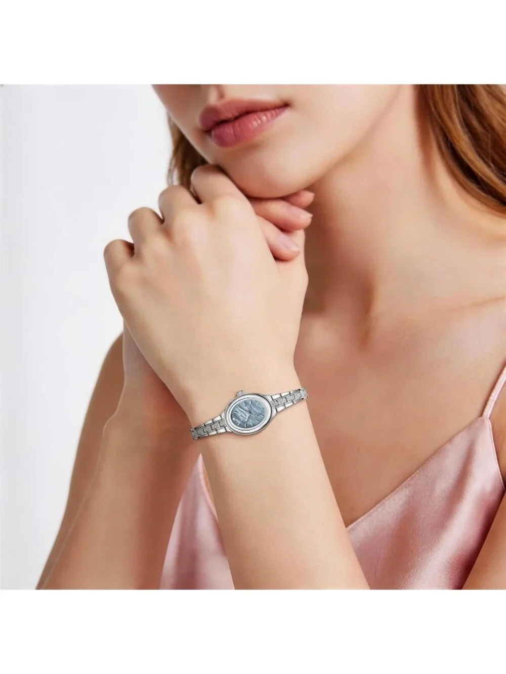 Women's Silver Blue Classic Retro Bracelet Oval Case and Minimalist Dial Watch